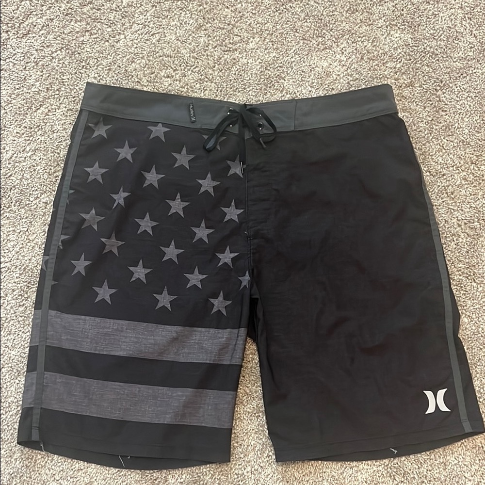 Hurley Black and Gray Board Shorts with American Flag Design
